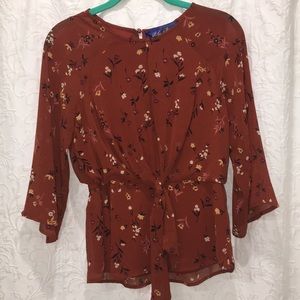 burnt orange floral blouse with tie